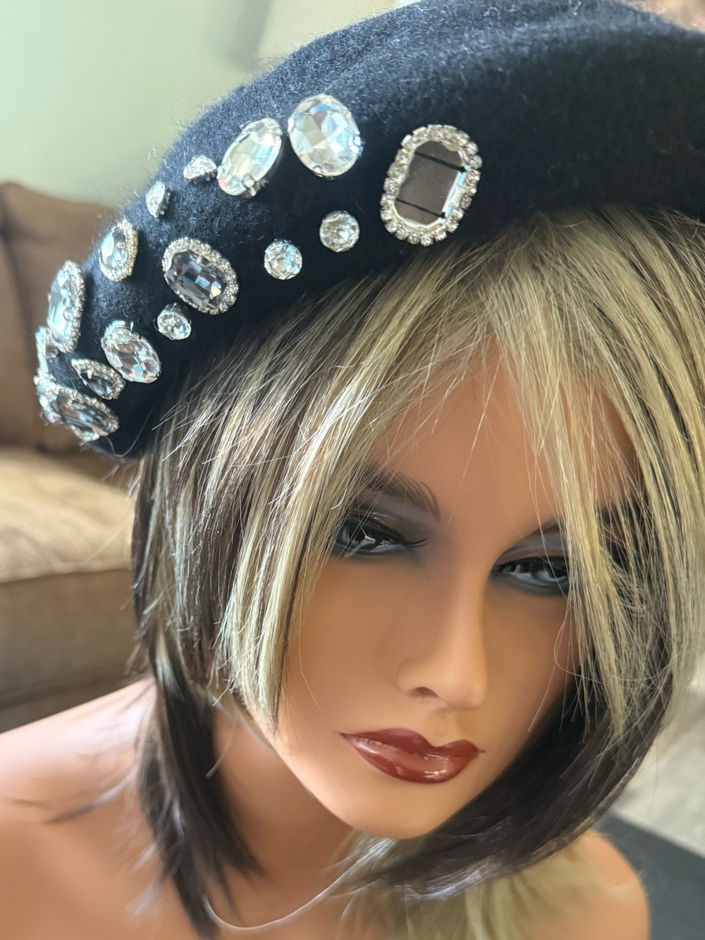 Amiee Lynn Black Crystal-Embellished Wool Blend Beret
